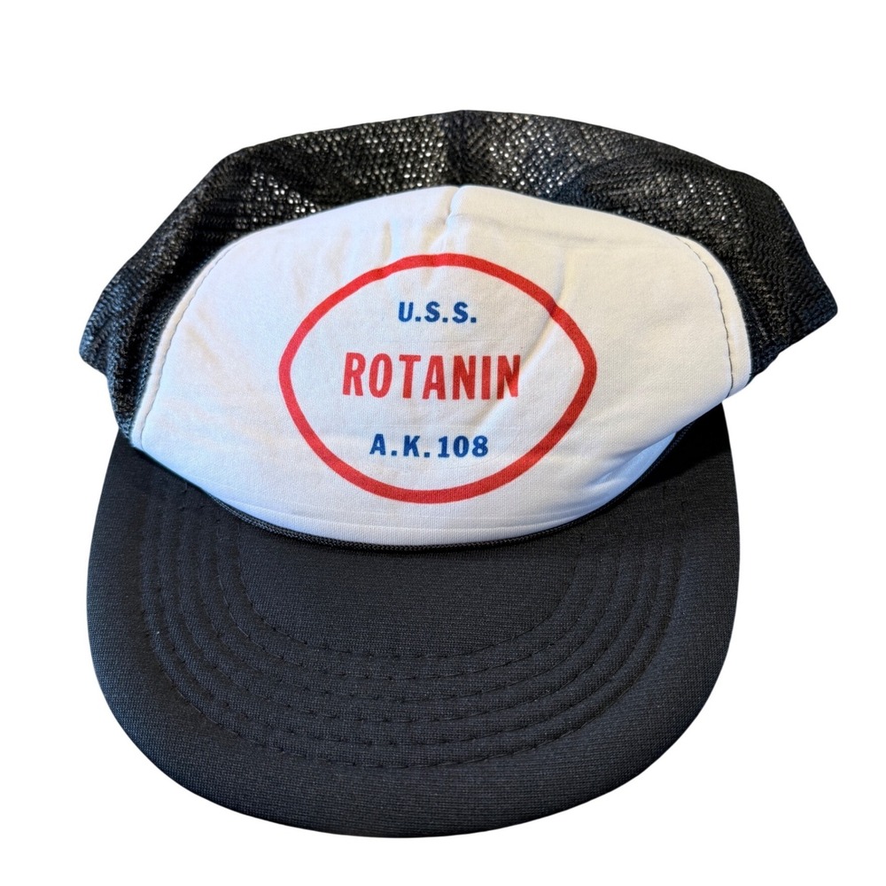 Vintage USS Rotanin AK-108 Yupoong Trucker Hat Navy Military Snapback Black Cap